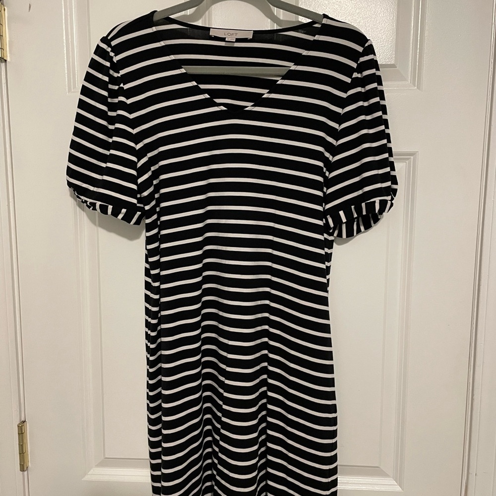 LOFT Black and White Striped Midi Dress